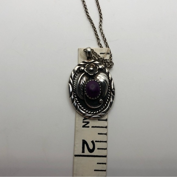 Vtg Navajo Sterling Silver Purple Mojave Mohave Stone Floral Necklace 22” +1.4” - Picture 12 of 12